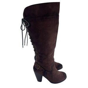 Lace Up Riding Boots Size 6M Brown Suede Knee High Up Heeled Buckle Grunge Moto